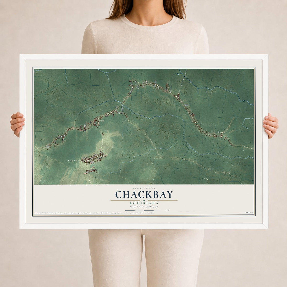 Map of Chackbay, Louisiana, 24 x 36 inch print in a white wood frame