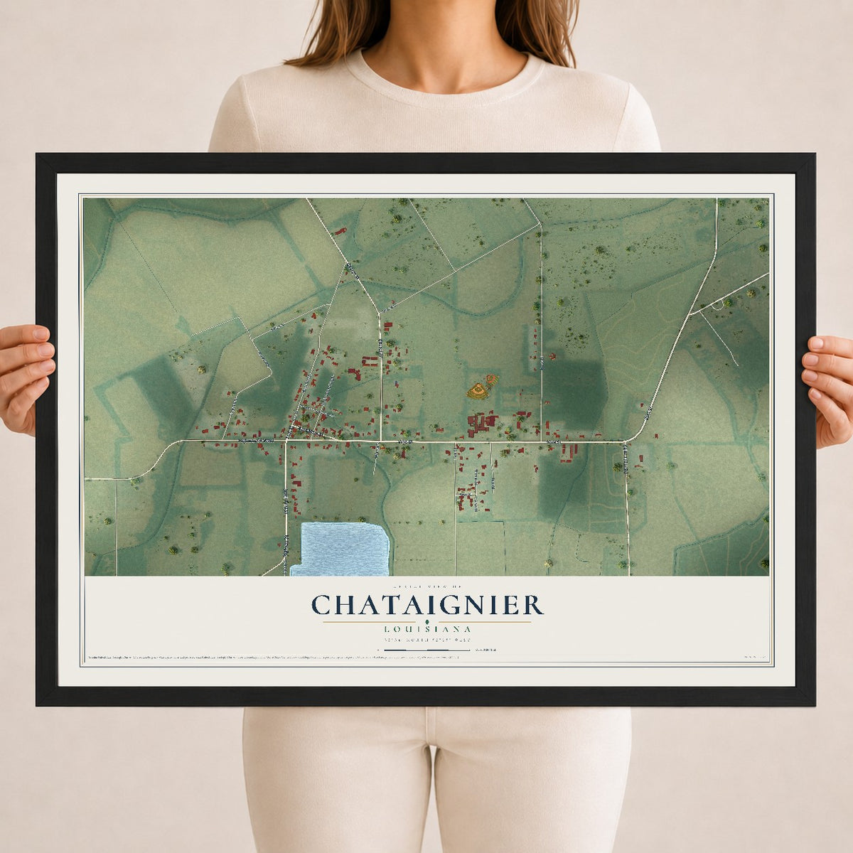 Map of Chataignier, Louisiana, 18 x 24 inch print in a black wood frame