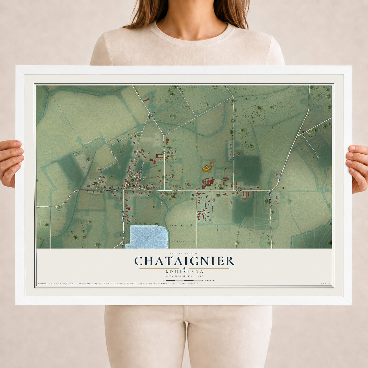 Map of Chataignier, Louisiana, 18 x 24 inch print in a white wood frame