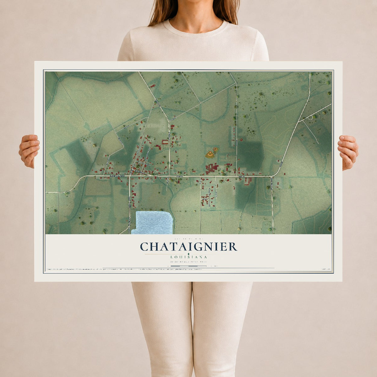 Map of Chataignier, Louisiana, 24 x 36 inch unframed archival matte print