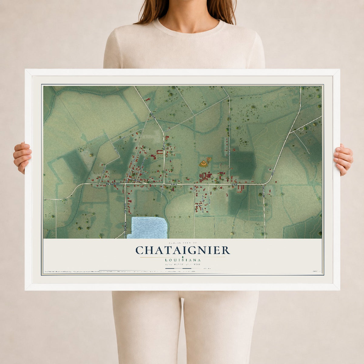 Map of Chataignier, Louisiana, 24 x 36 inch print in a white wood frame