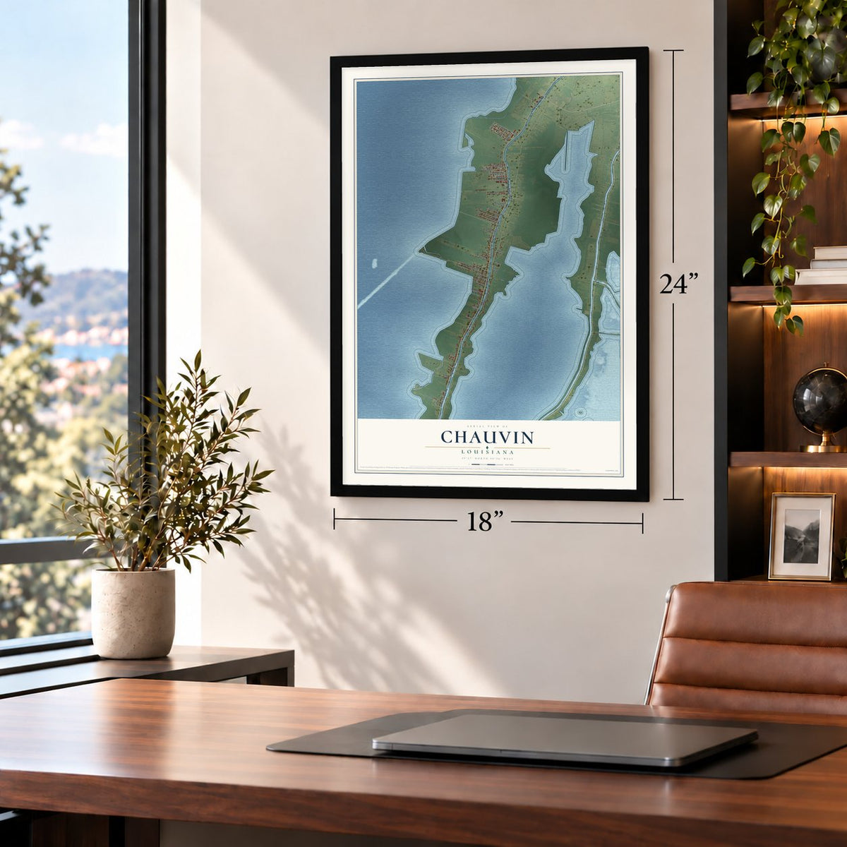 Chauvin, Louisiana map, 18 x 24 inch print in a black frame in a home office