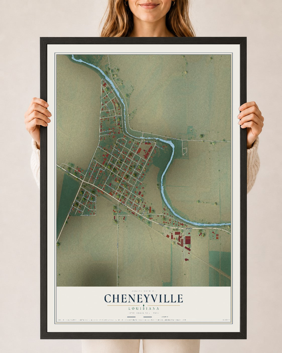 Map of Cheneyville, Louisiana, 24 x 36 inch print in a black wood frame
