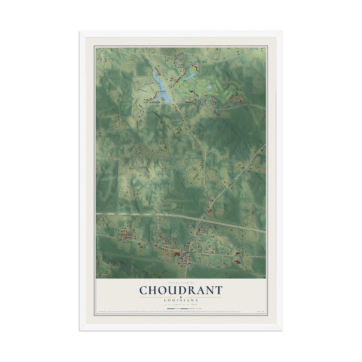 Map of Choudrant, Louisiana, 12 x 18 inch print in a white wood frame