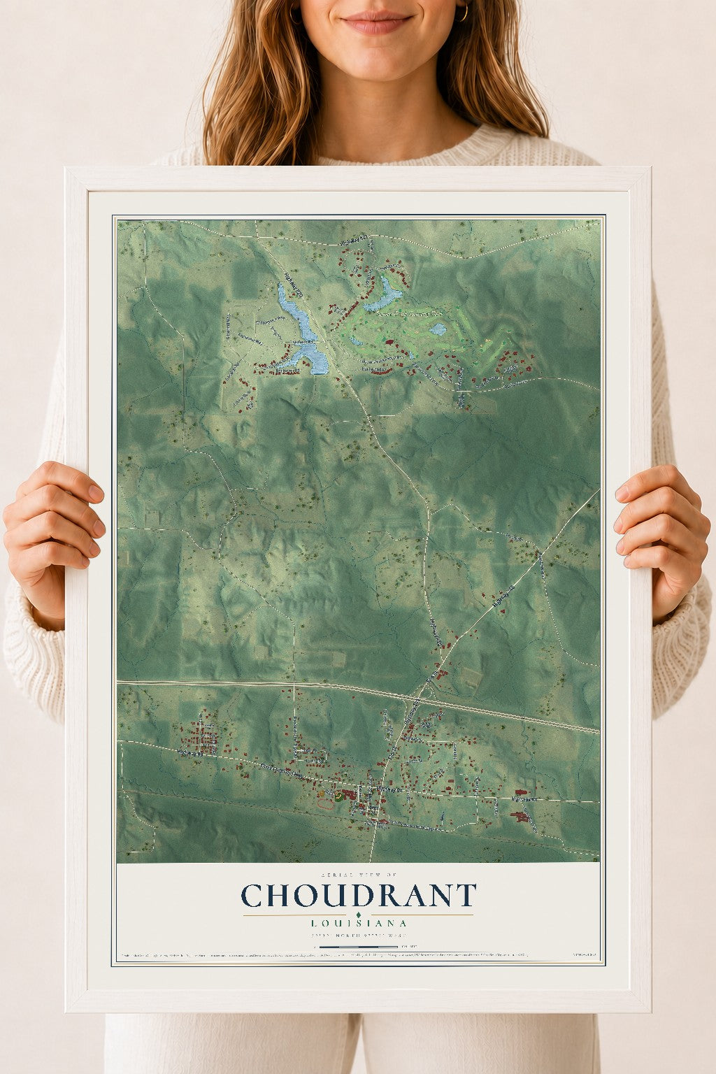 Map of Choudrant, Louisiana, 18 x 24 inch print in a white wood frame