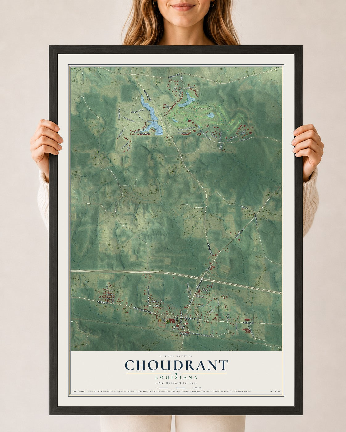 Map of Choudrant, Louisiana, 24 x 36 inch print in a black wood frame