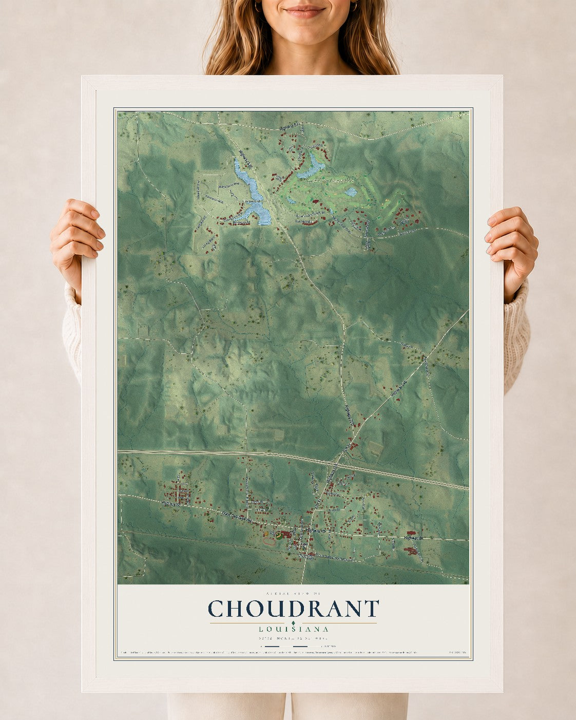 Map of Choudrant, Louisiana, 24 x 36 inch print in a white wood frame