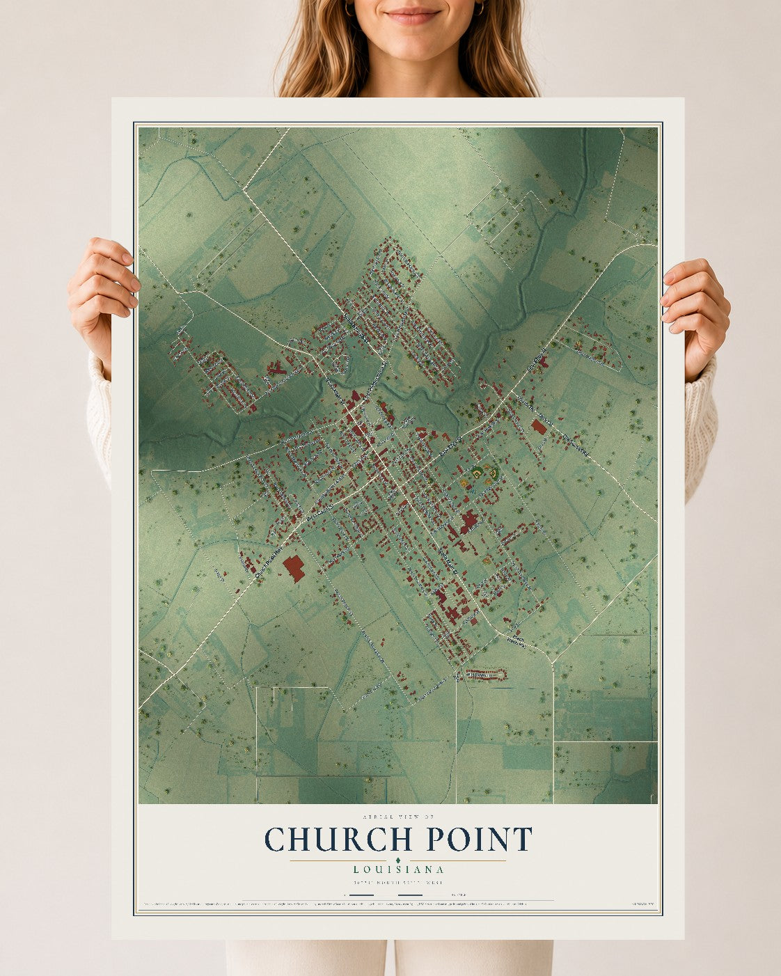 Map of Church Point, Louisiana, 24 x 36 inch unframed archival matte print