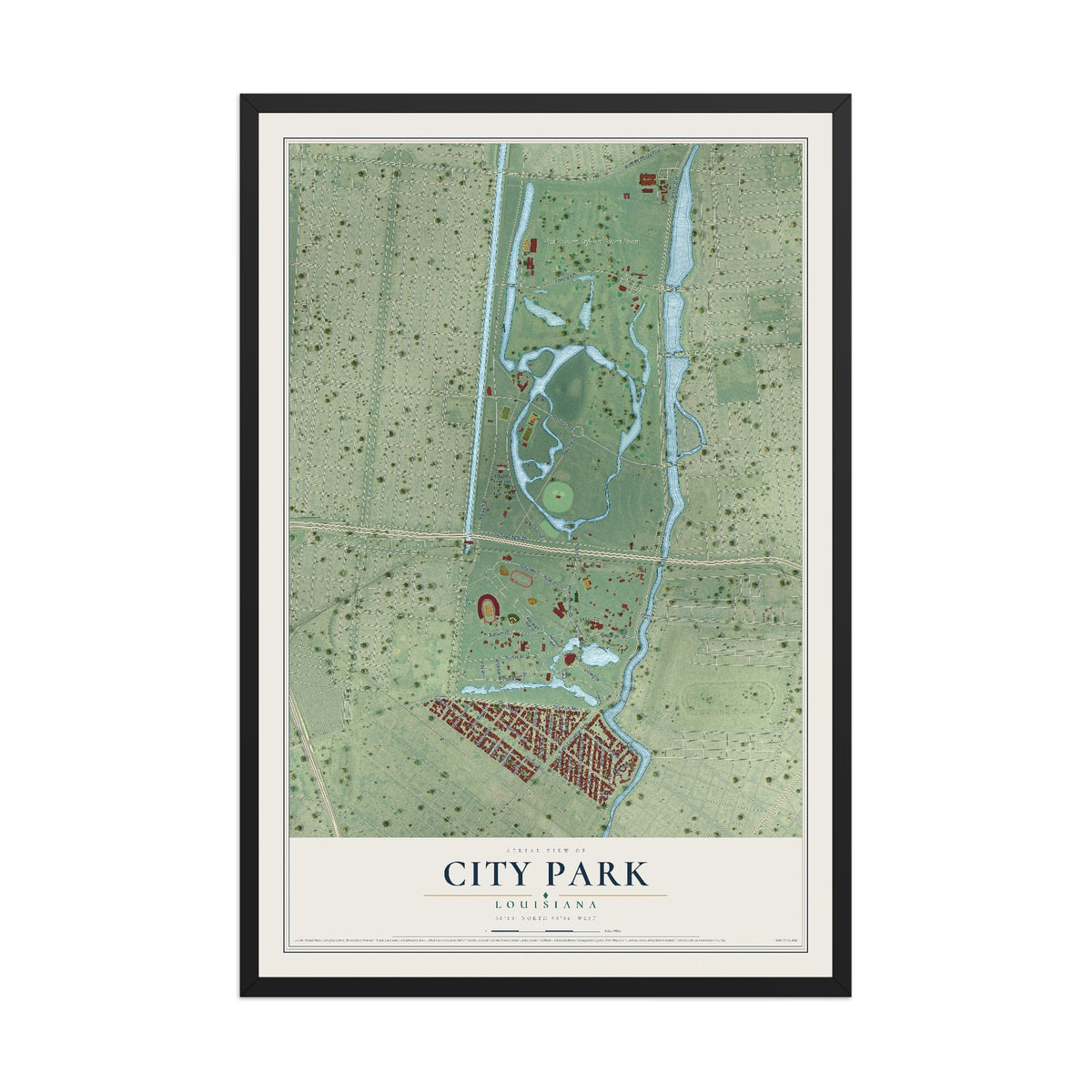 Map of City Park, Louisiana, 12 x 18 inch print in a black wood frame