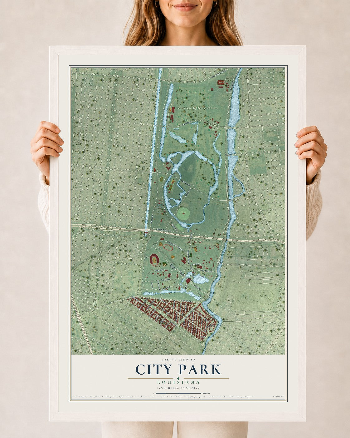 Map of City Park, Louisiana, 24 x 36 inch print in a white wood frame