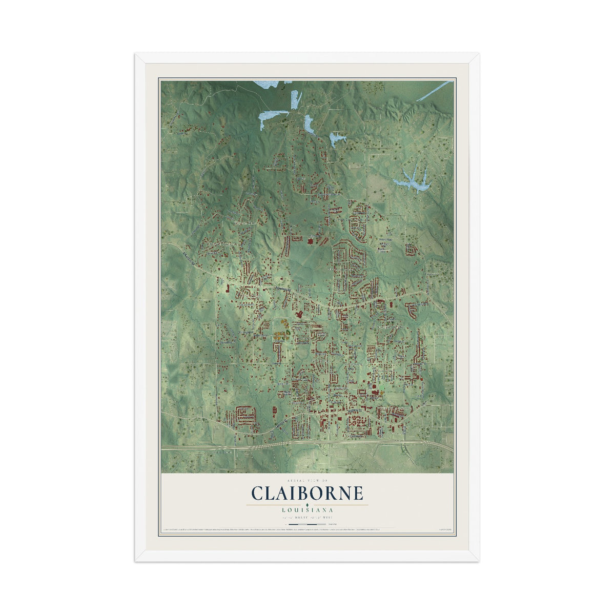 Map of Claiborne, Louisiana, 12 x 18 inch print in a white wood frame
