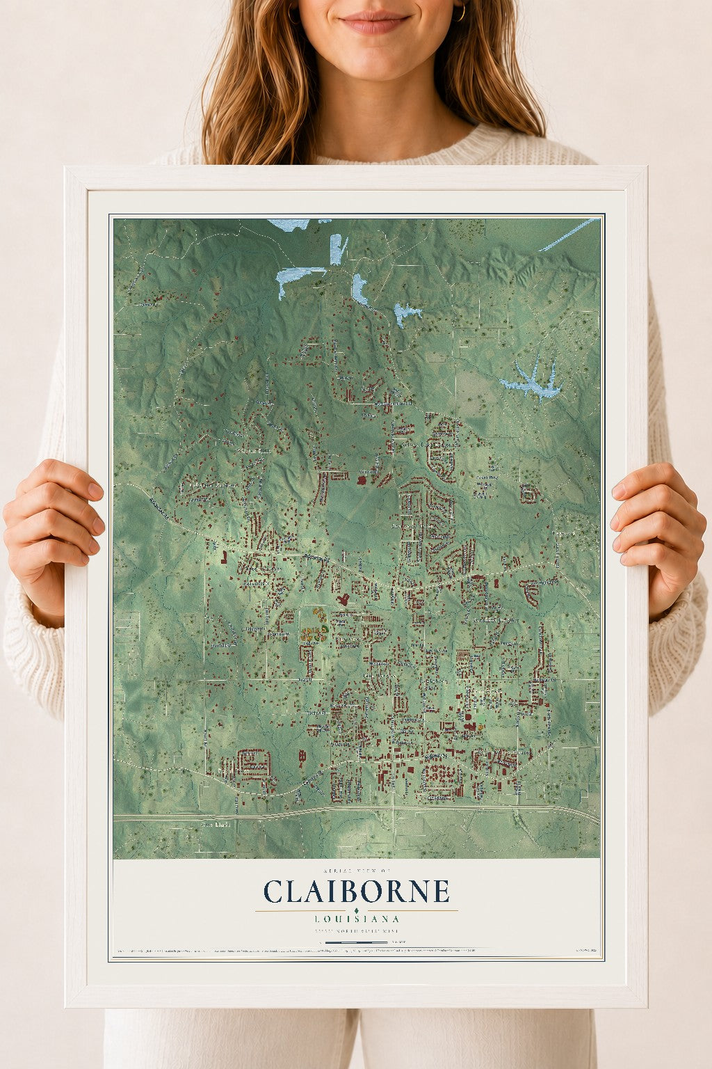 Map of Claiborne, Louisiana, 18 x 24 inch print in a white wood frame
