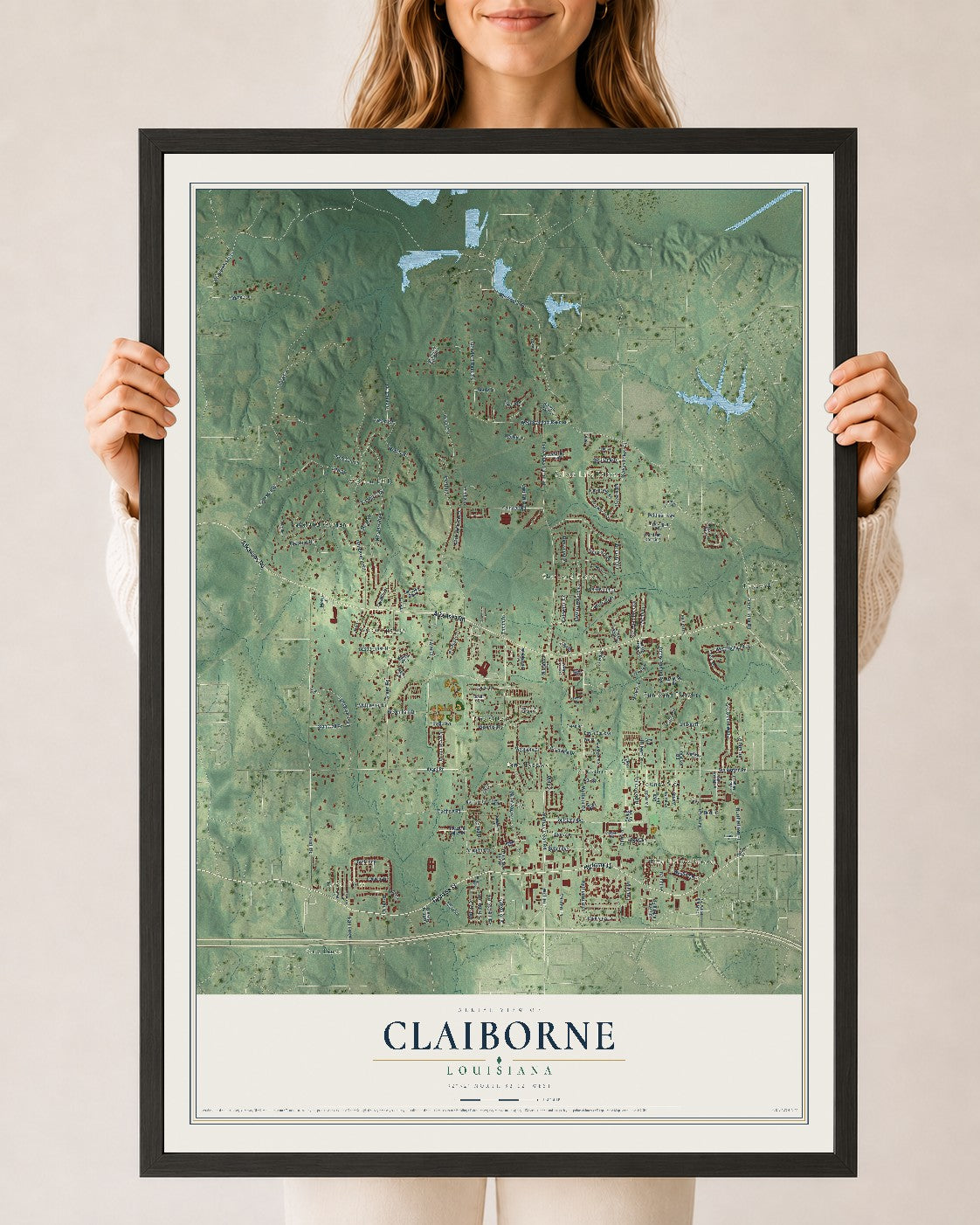 Map of Claiborne, Louisiana, 24 x 36 inch print in a black wood frame