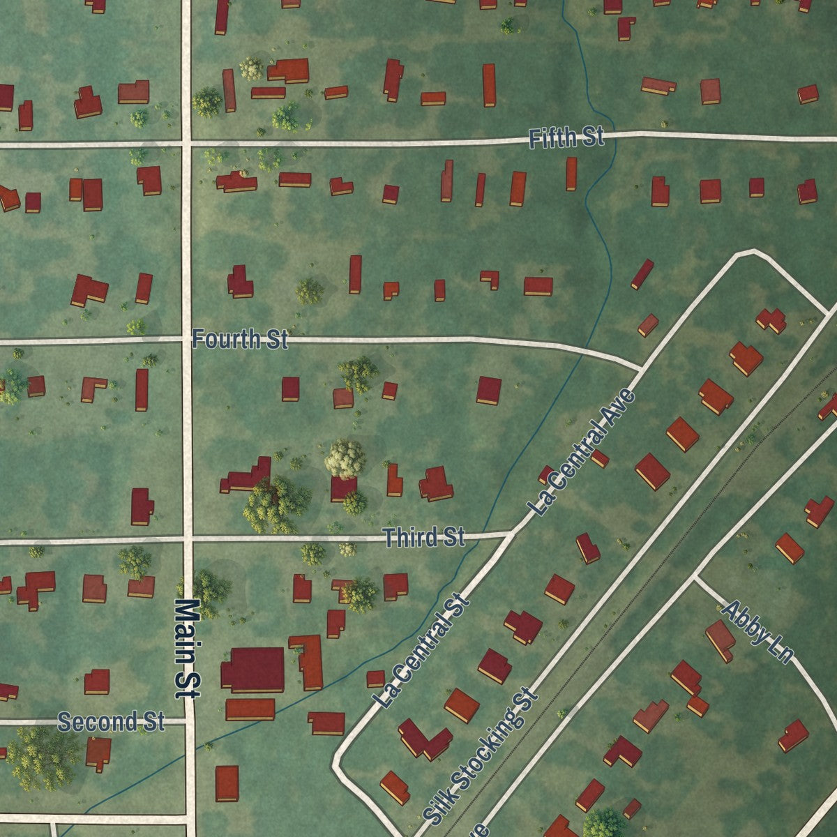 Close-up of the map of Clarks, Louisiana print showing street and building detail