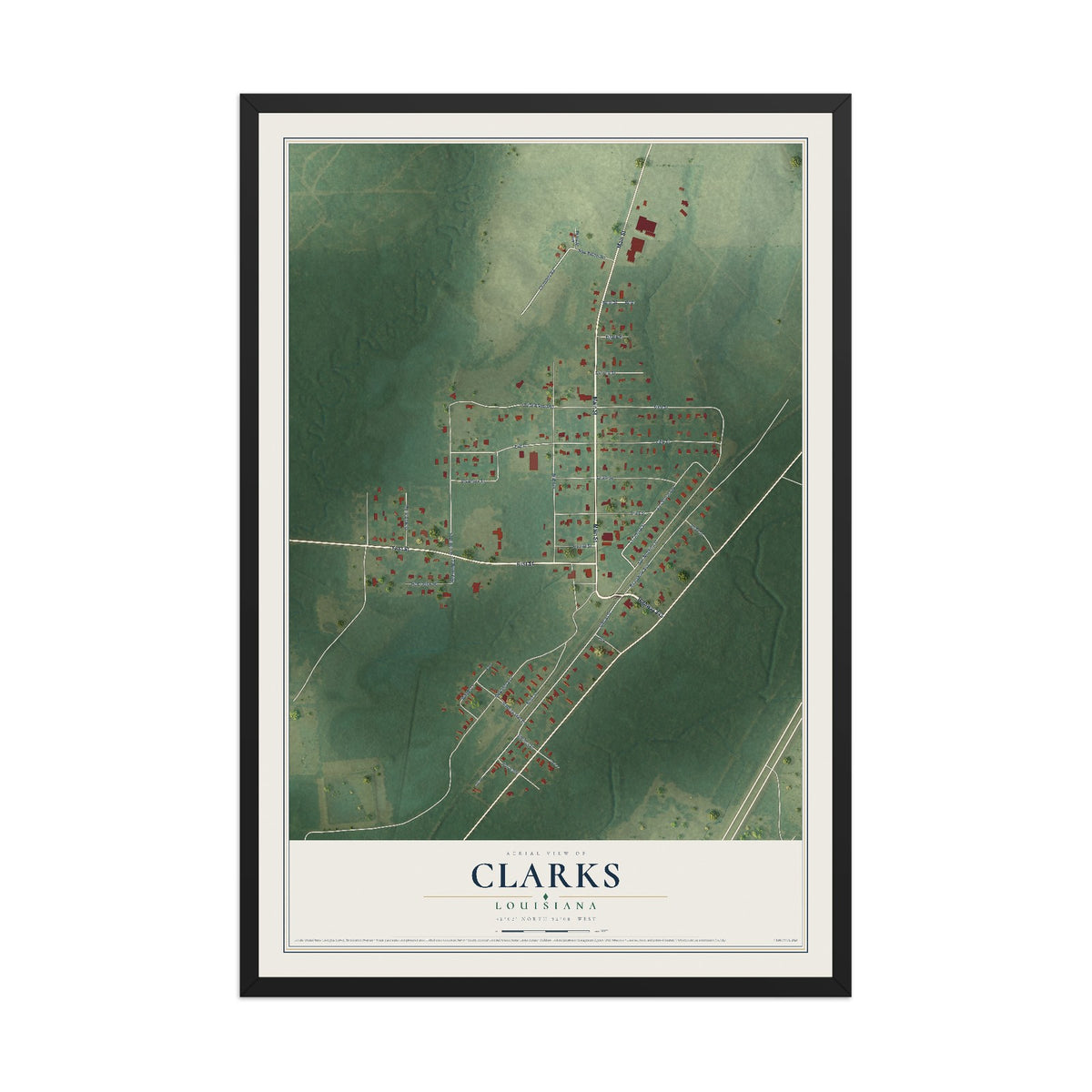 Map of Clarks, Louisiana, 12 x 18 inch print in a black wood frame