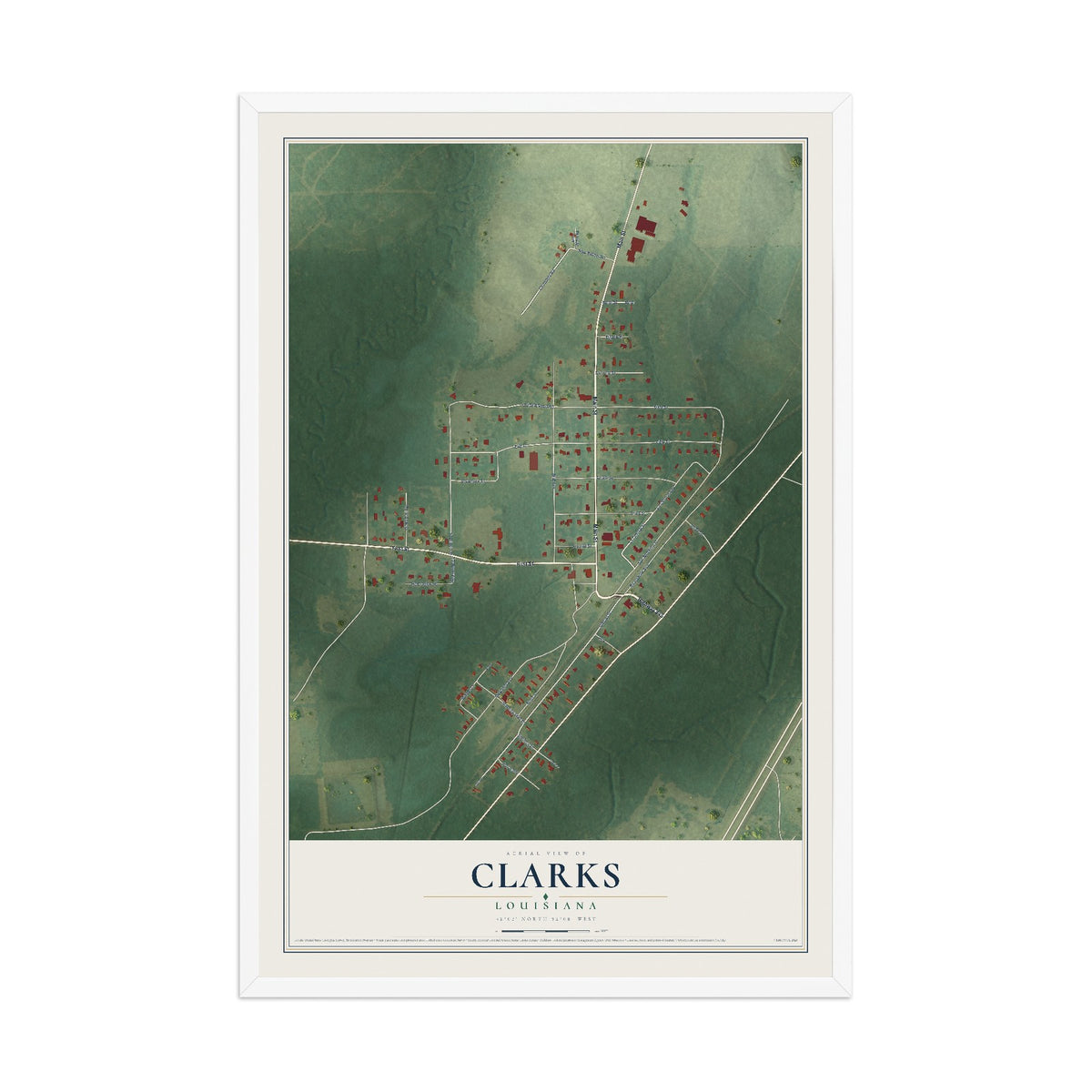 Map of Clarks, Louisiana, 12 x 18 inch print in a white wood frame