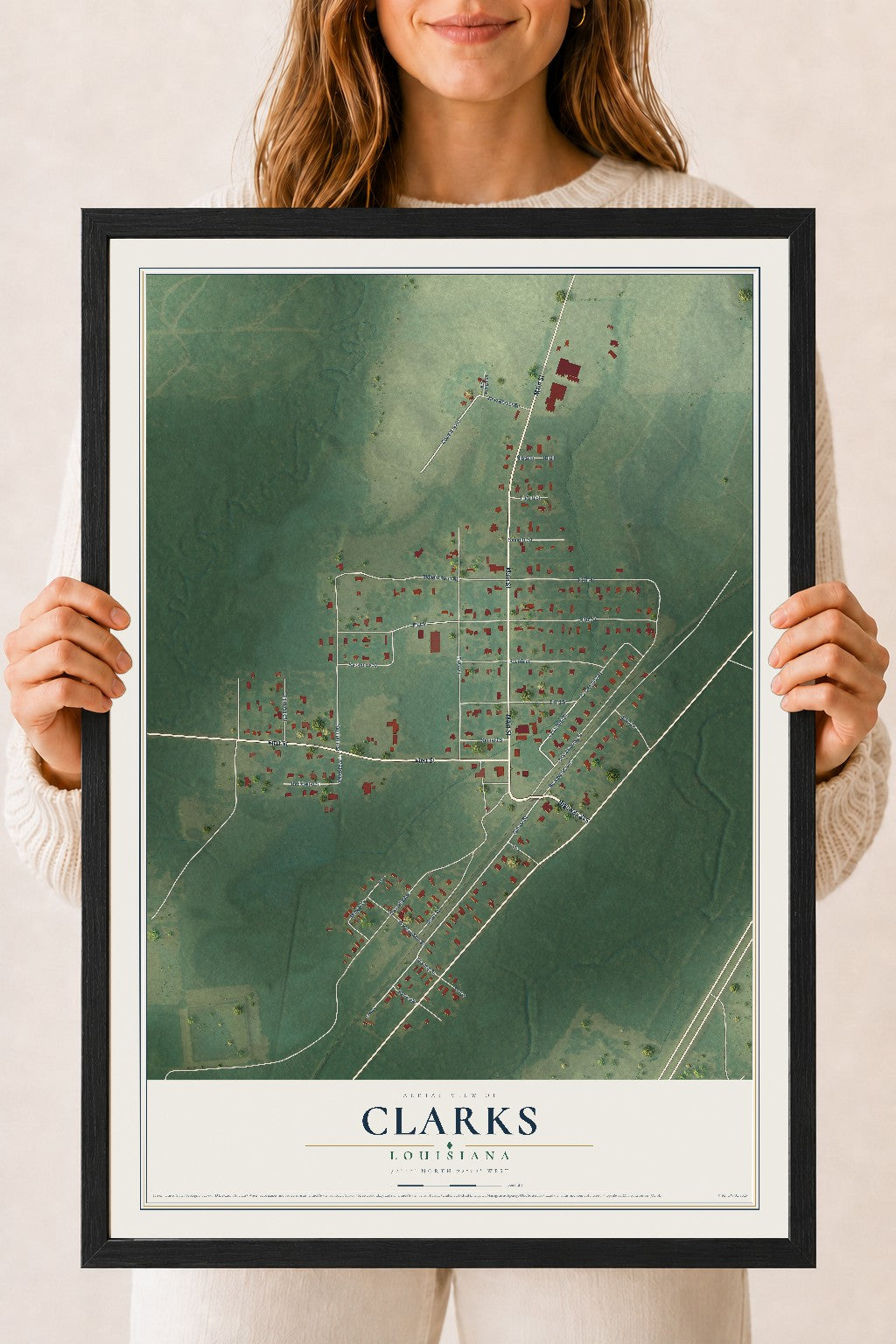 Map of Clarks, Louisiana, 18 x 24 inch print in a black wood frame