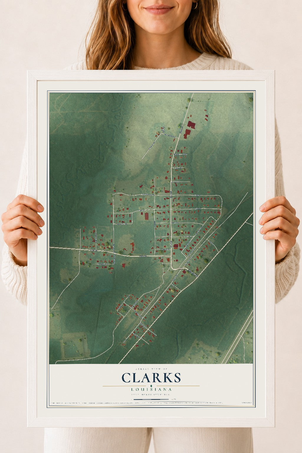 Map of Clarks, Louisiana, 18 x 24 inch print in a white wood frame