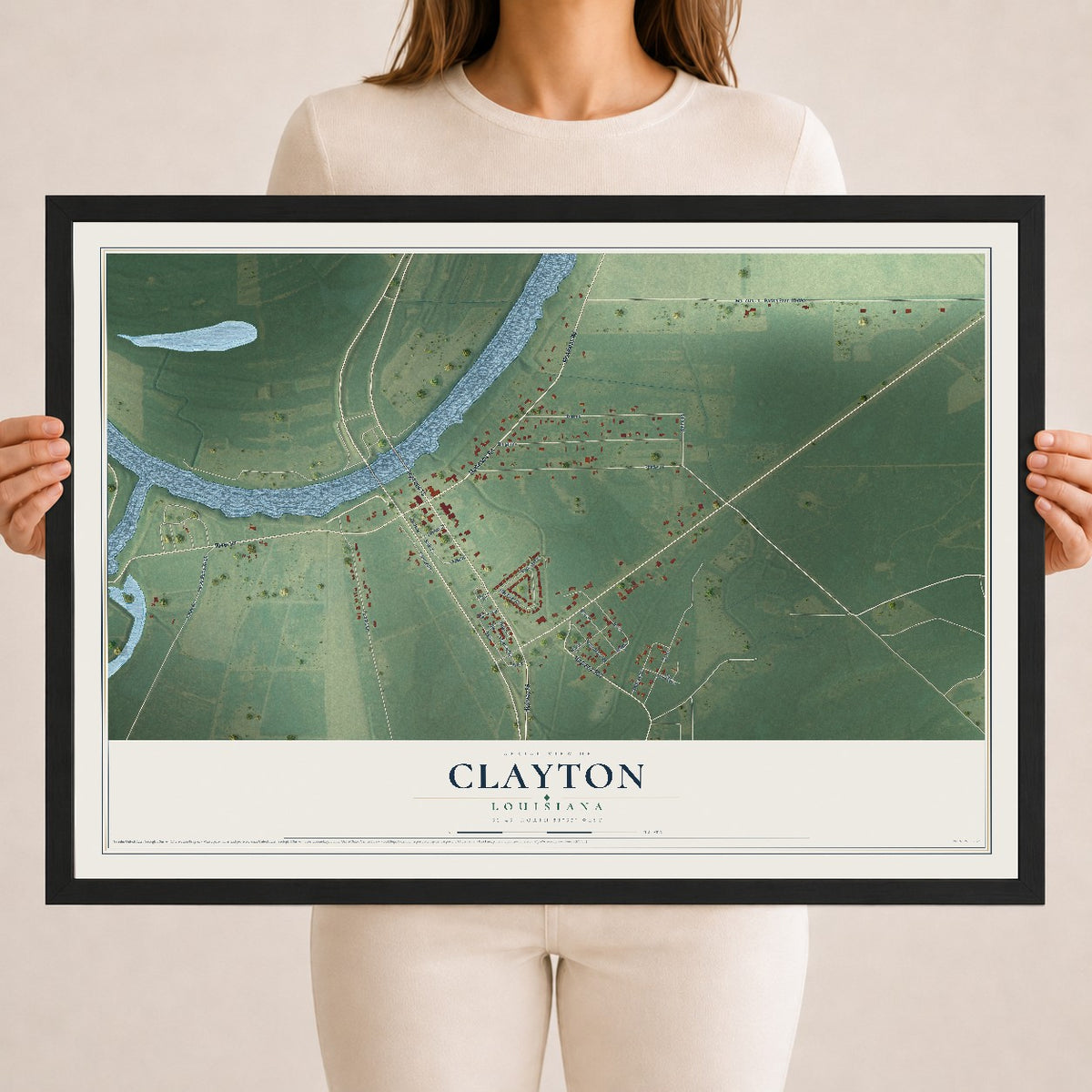 Map of Clayton, Louisiana, 18 x 24 inch print in a black wood frame