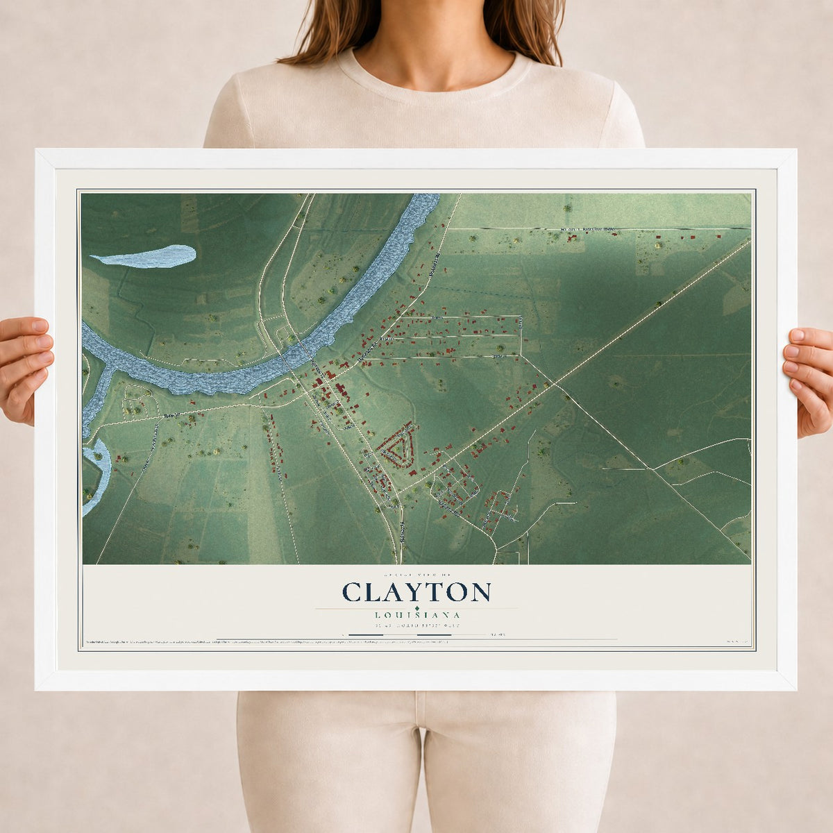 Map of Clayton, Louisiana, 18 x 24 inch print in a white wood frame
