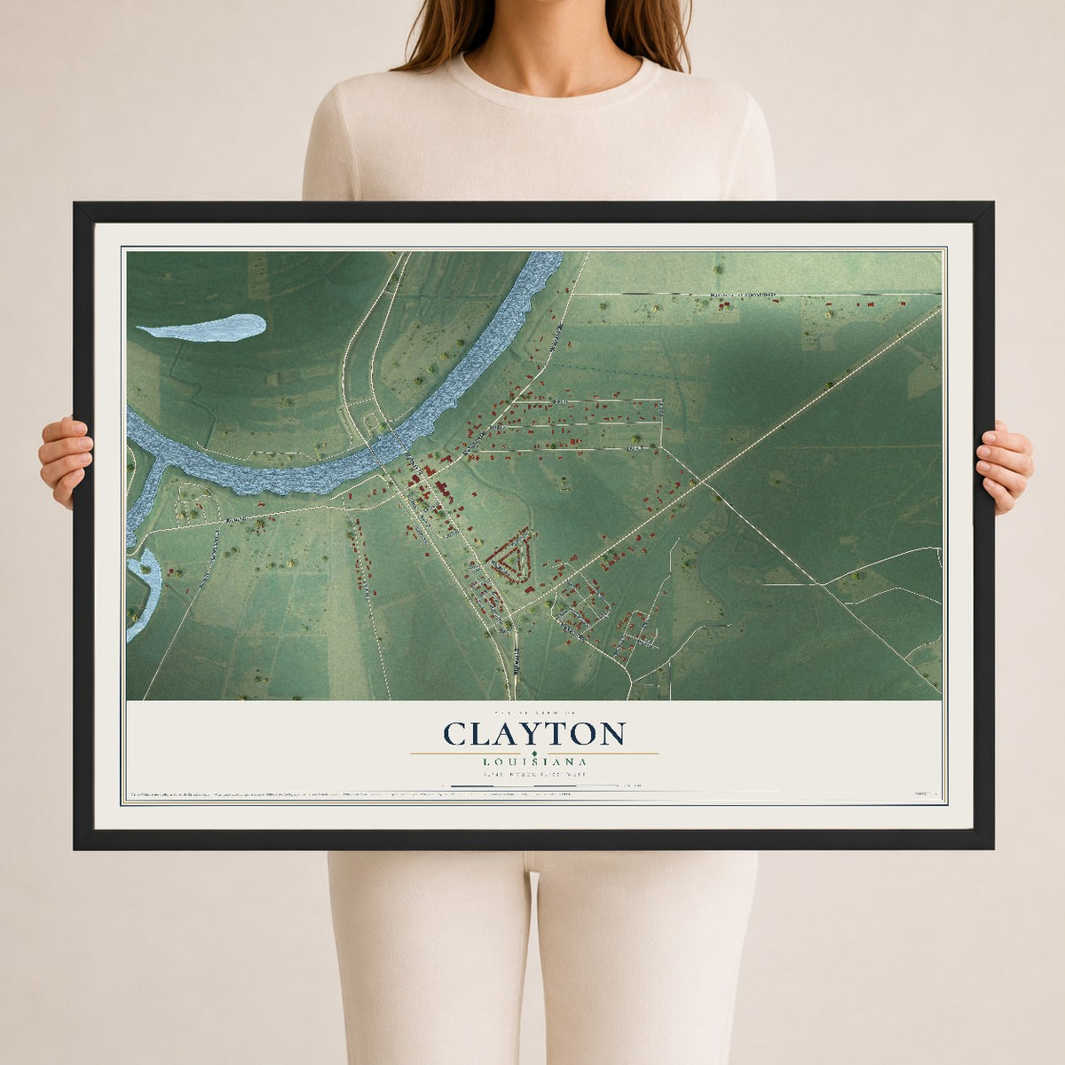 Map of Clayton, Louisiana, 24 x 36 inch print in a black wood frame