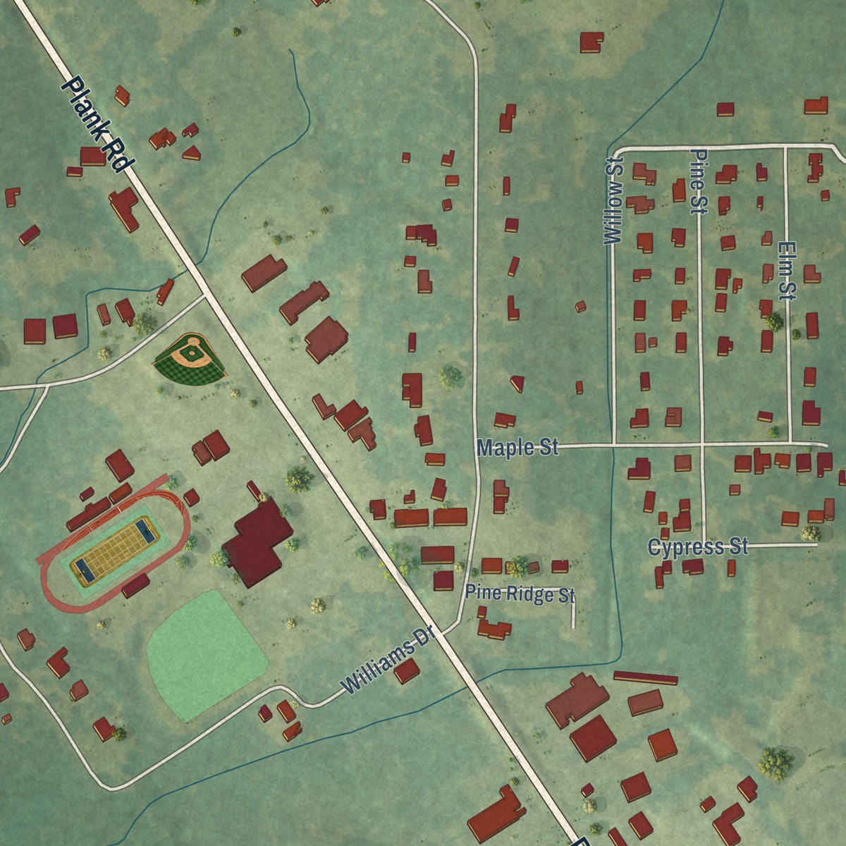 Second close-up of the map of Clinton, Louisiana print showing more streets and buildings