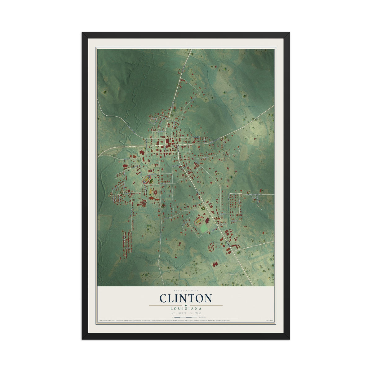 Map of Clinton, Louisiana, 12 x 18 inch print in a black wood frame