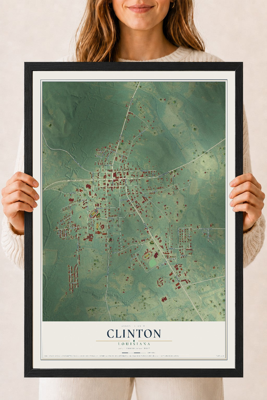 Map of Clinton, Louisiana, 18 x 24 inch print in a black wood frame