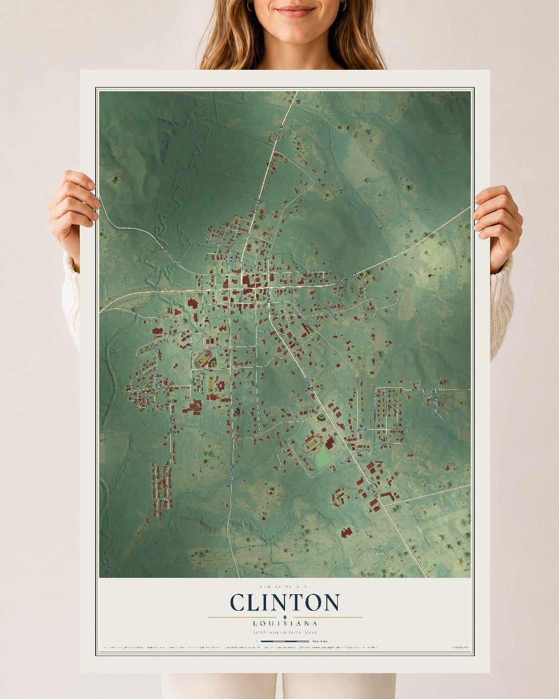 Map of Clinton, Louisiana, 24 x 36 inch unframed archival matte print