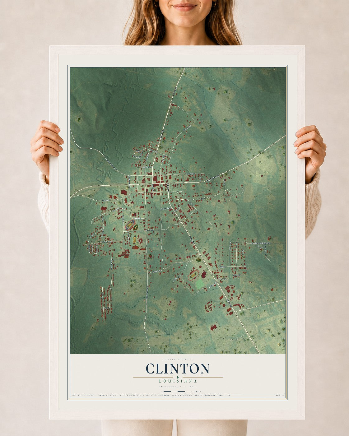 Map of Clinton, Louisiana, 24 x 36 inch print in a white wood frame