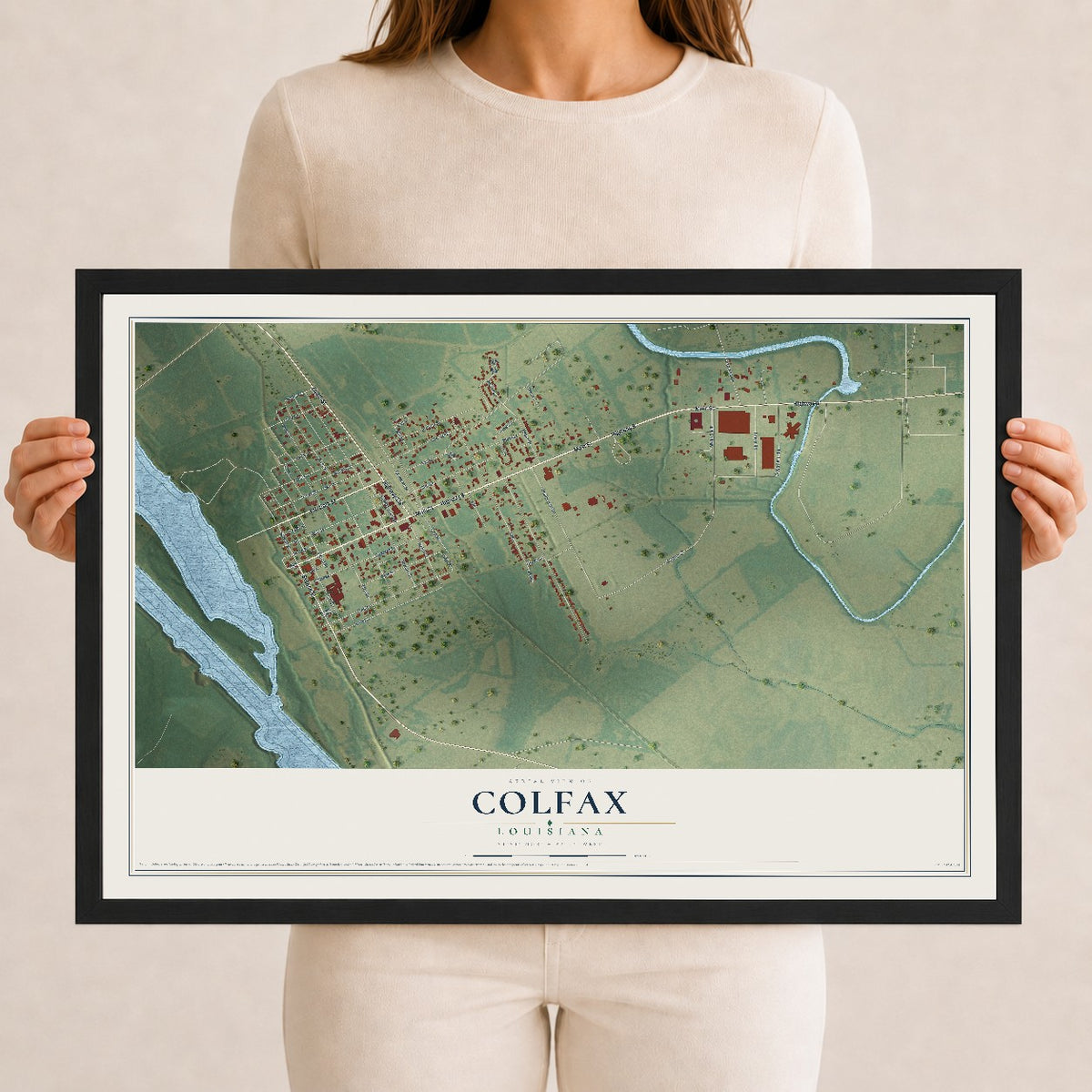Map of Colfax, Louisiana, 12 x 18 inch print in a black wood frame