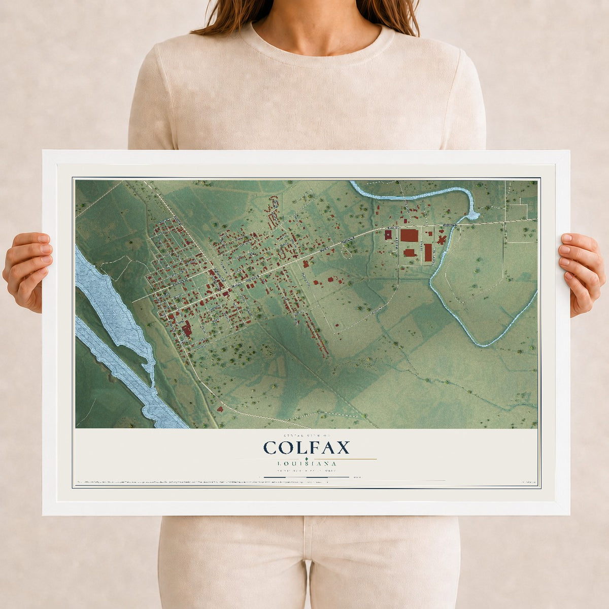 Map of Colfax, Louisiana, 12 x 18 inch print in a white wood frame