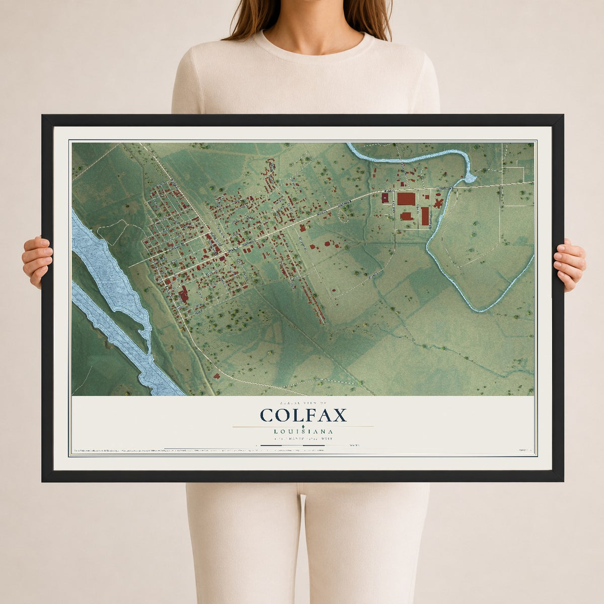 Map of Colfax, Louisiana, 24 x 36 inch print in a black wood frame