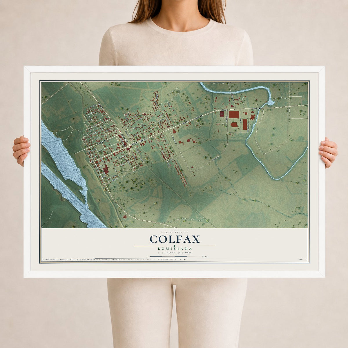 Map of Colfax, Louisiana, 24 x 36 inch print in a white wood frame