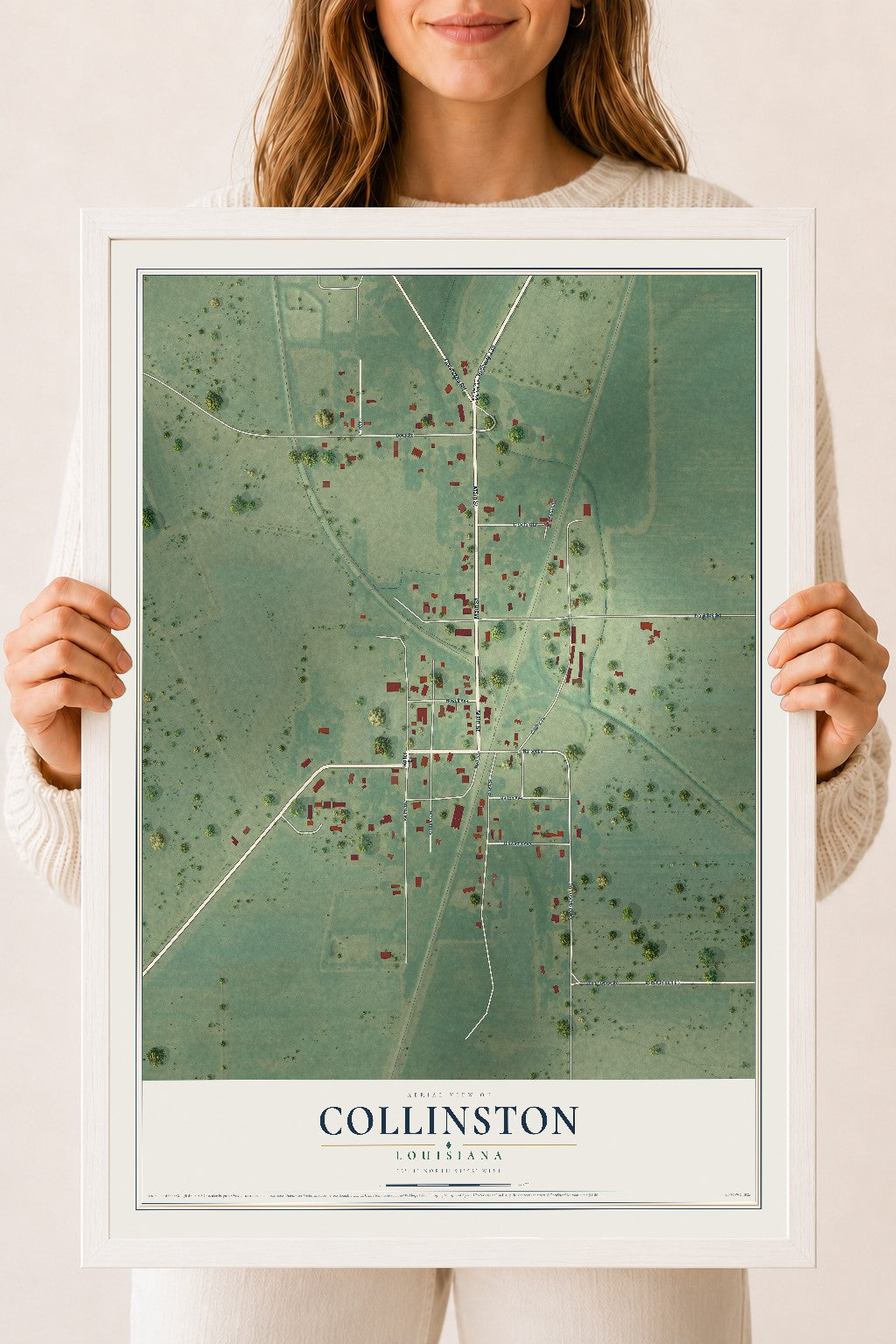 Map of Collinston, Louisiana, 18 x 24 inch print in a white wood frame