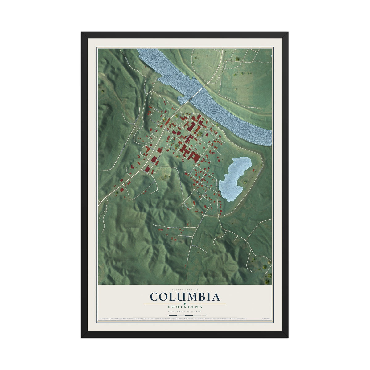 Map of Columbia, Louisiana, 12 x 18 inch print in a black wood frame
