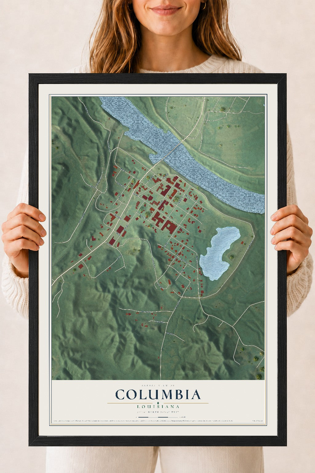 Map of Columbia, Louisiana, 18 x 24 inch print in a black wood frame