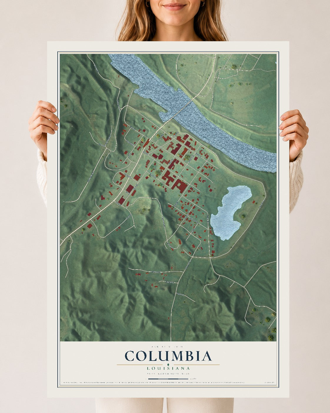 Map of Columbia, Louisiana, 24 x 36 inch unframed archival matte print