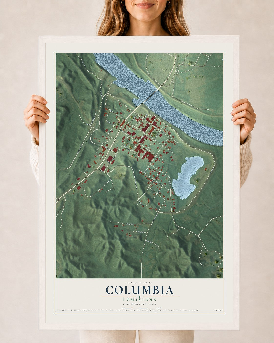 Map of Columbia, Louisiana, 24 x 36 inch print in a white wood frame
