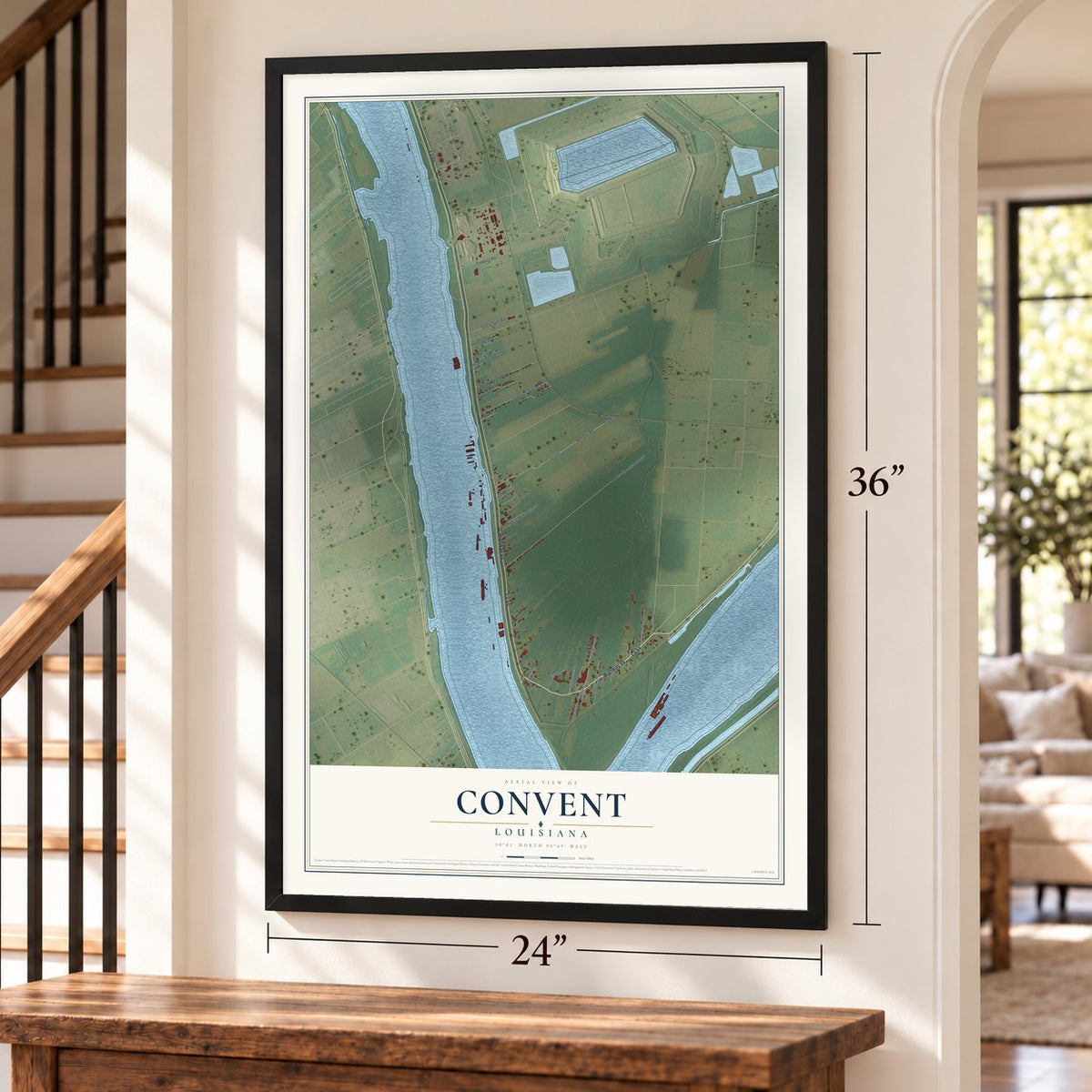 Convent, Louisiana map, 24 x 36 inch print in a black frame by a staircase
