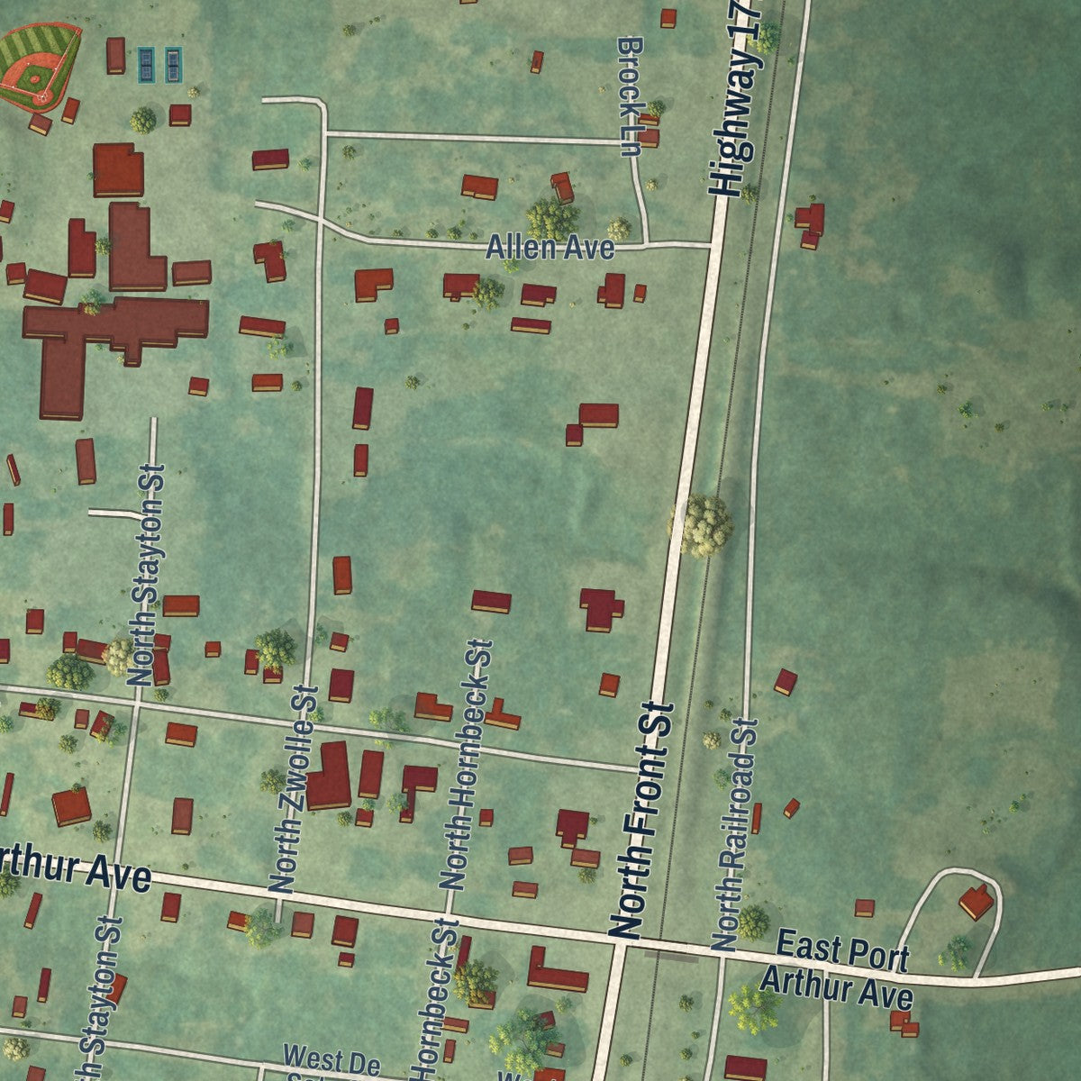Close-up of the map of Converse, Louisiana print showing street and building detail