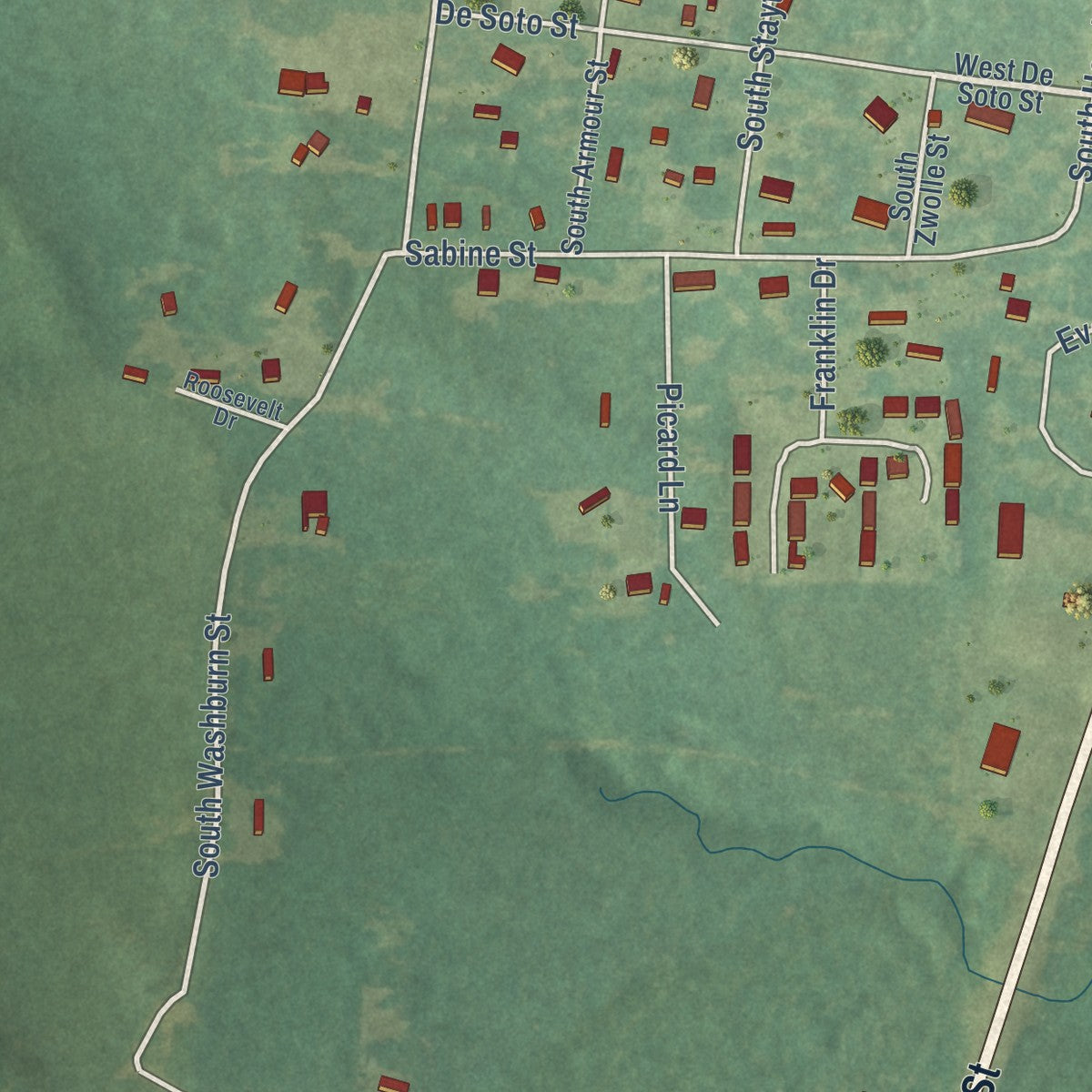 Second close-up of the map of Converse, Louisiana print showing more streets and buildings