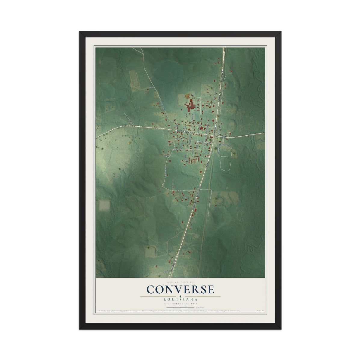 Map of Converse, Louisiana, 12 x 18 inch print in a black wood frame