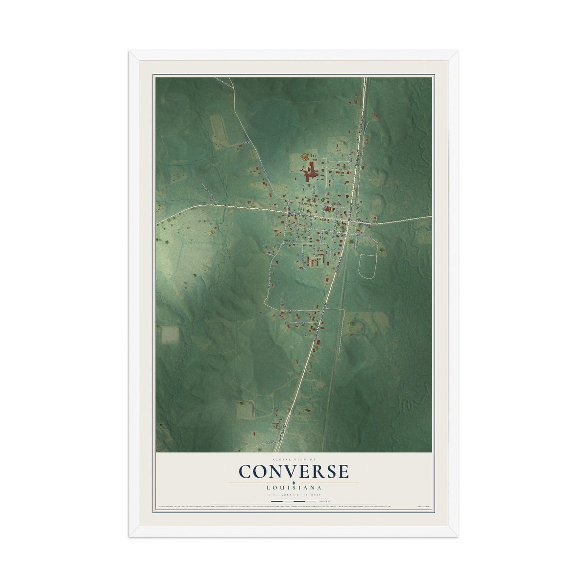 Map of Converse, Louisiana, 12 x 18 inch print in a white wood frame
