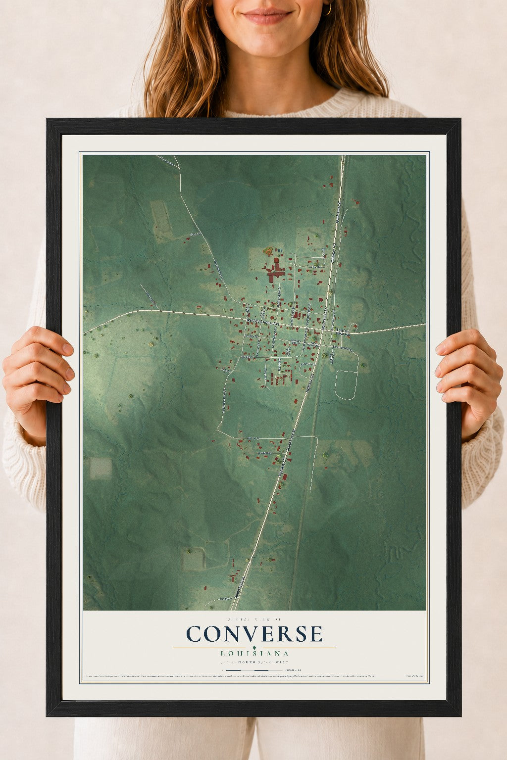 Map of Converse, Louisiana, 18 x 24 inch print in a black wood frame