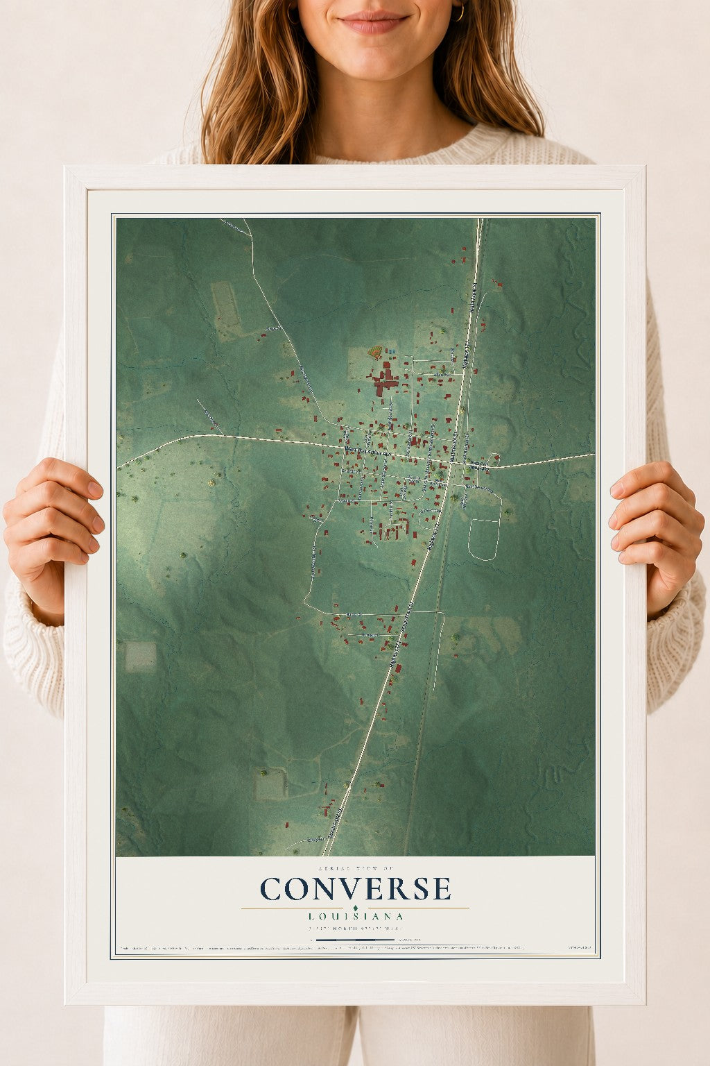 Map of Converse, Louisiana, 18 x 24 inch print in a white wood frame