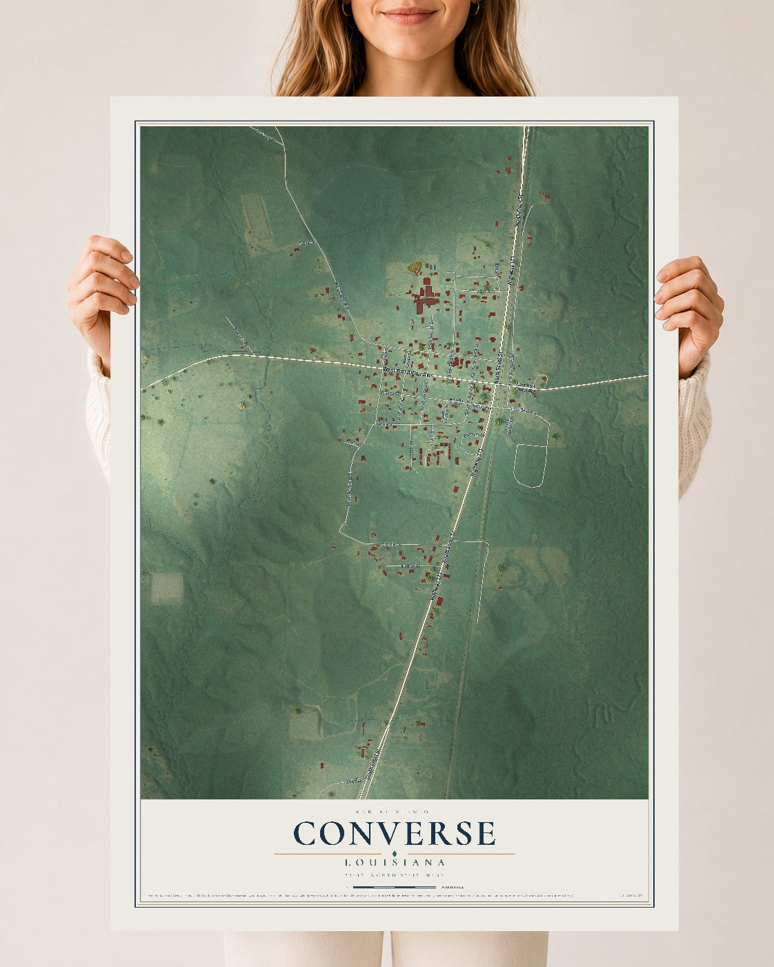 Map of Converse, Louisiana, 24 x 36 inch unframed archival matte print