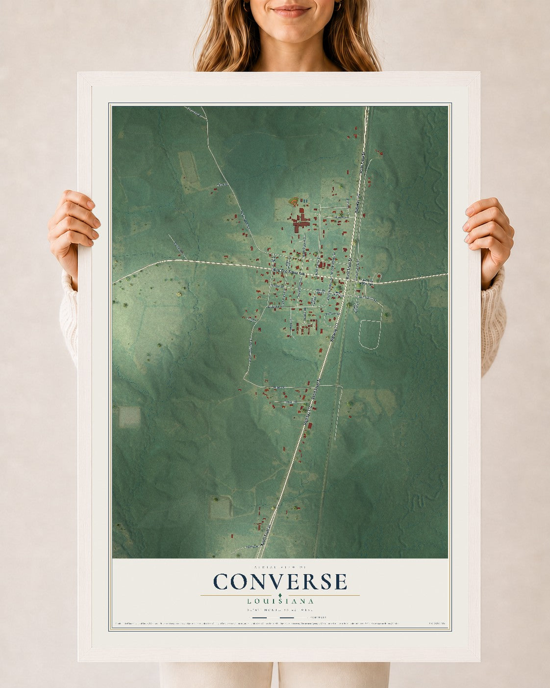 Map of Converse, Louisiana, 24 x 36 inch print in a white wood frame