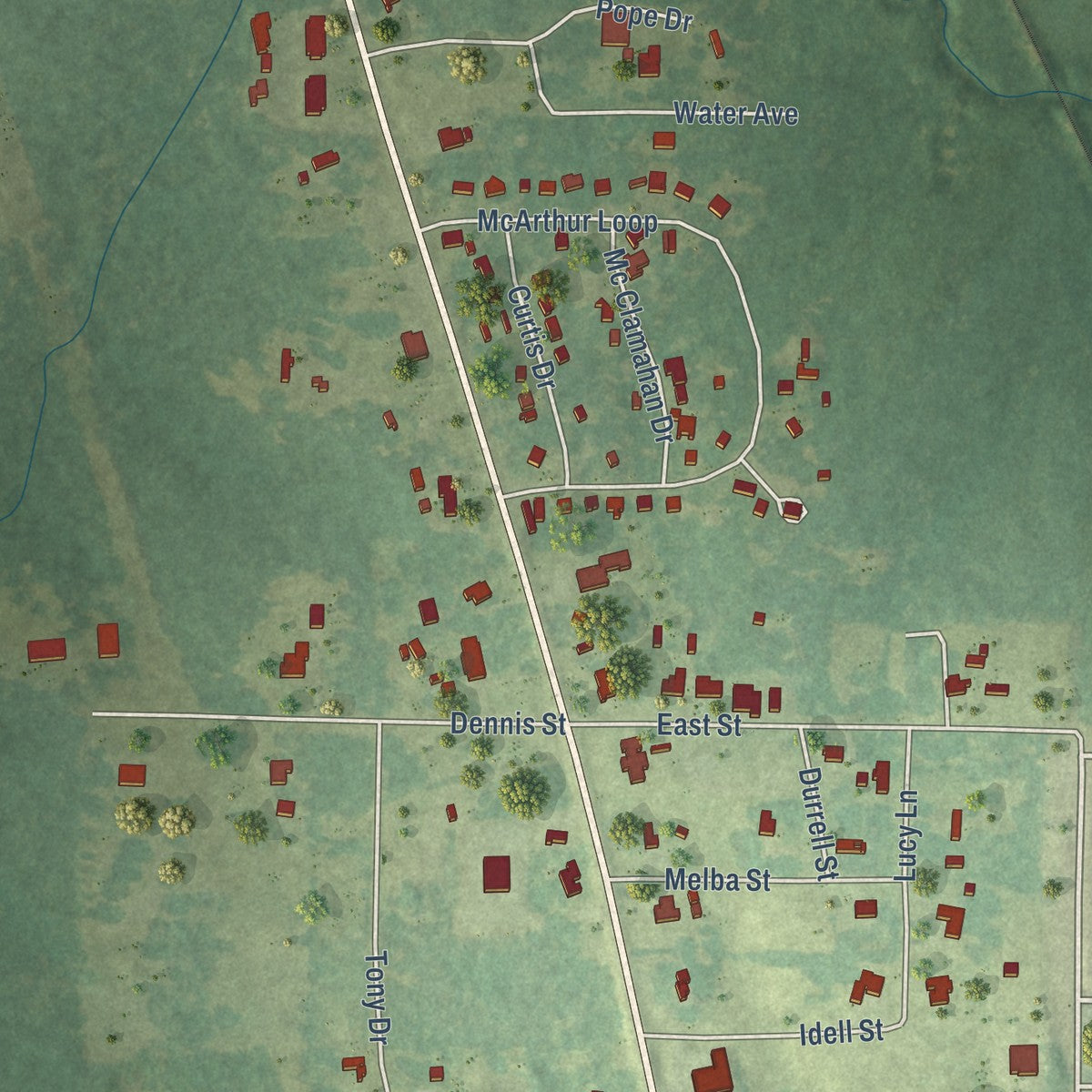 Second close-up of the map of Cotton Valley, Louisiana print showing more streets and buildings
