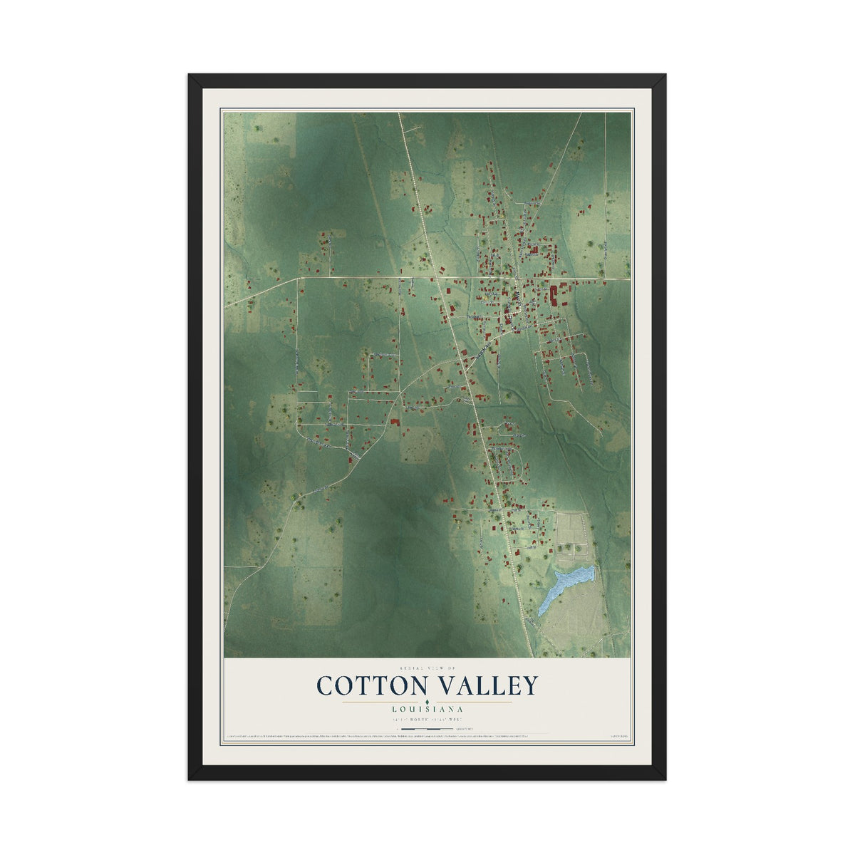 Map of Cotton Valley, Louisiana, 12 x 18 inch print in a black wood frame